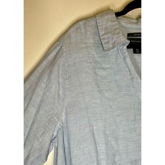 Tahari 100% Linen Blue 1X Pullover Tunic V Neck Pearlescent Buttons NWOT - Picture 5 of 15